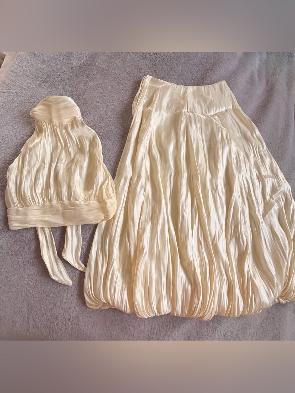 Ivory Pleated Bubble Maxi Skirt and Tie Back Top Set Size S
